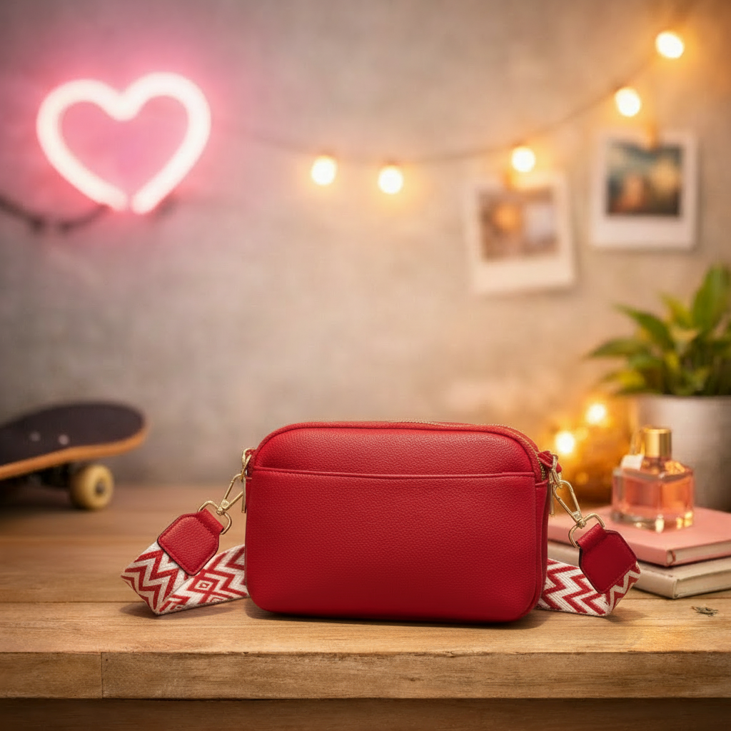 Red crossbody bag with chevron strap on wooden table with neon heart and warm ambient lighting