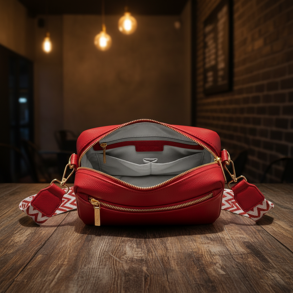 Red crossbody bag top-down open interior view on dark wood table