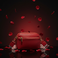 Red crossbody bag with rose petals and burgundy glow on glossy black surface
