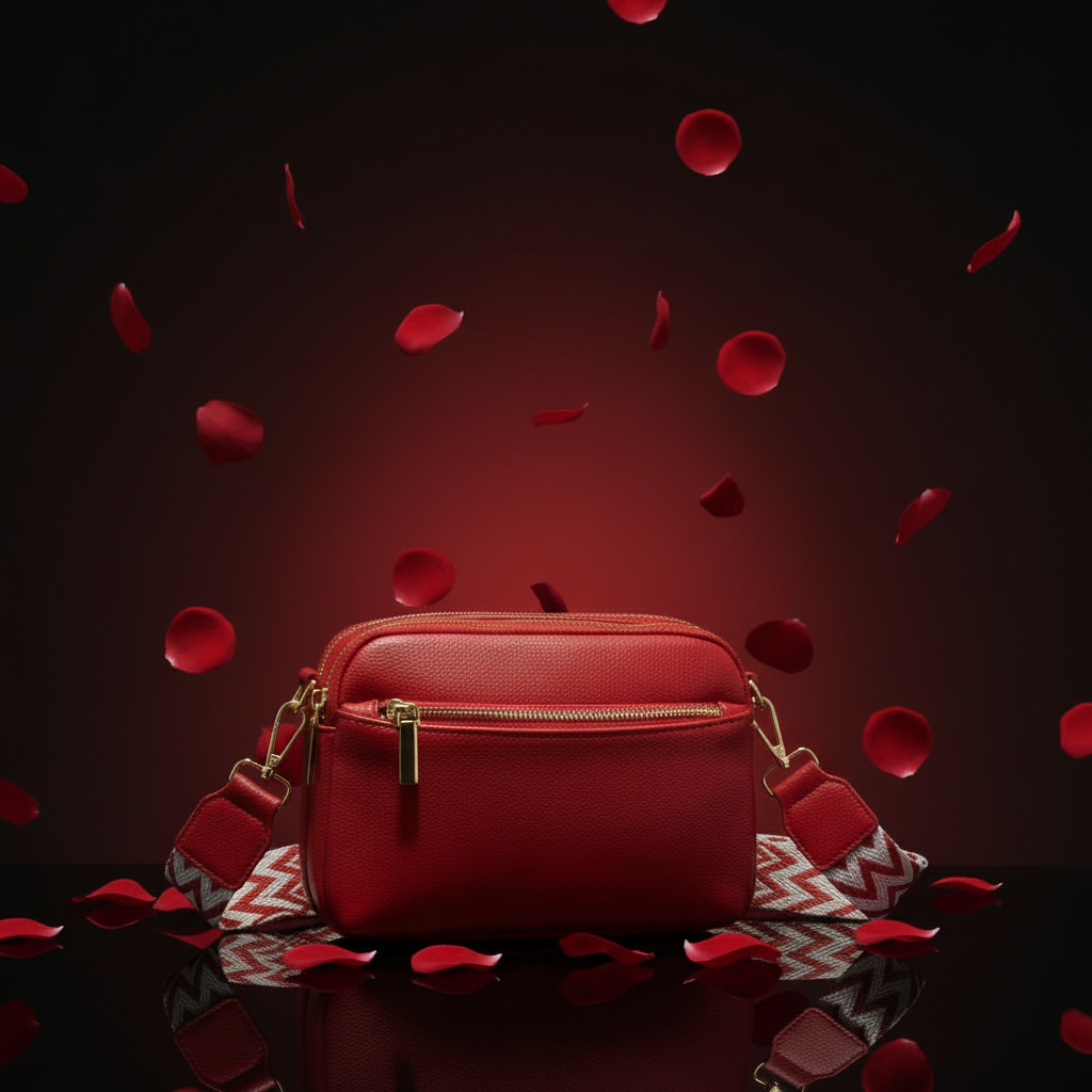 Red crossbody bag with rose petals and burgundy glow on glossy black surface